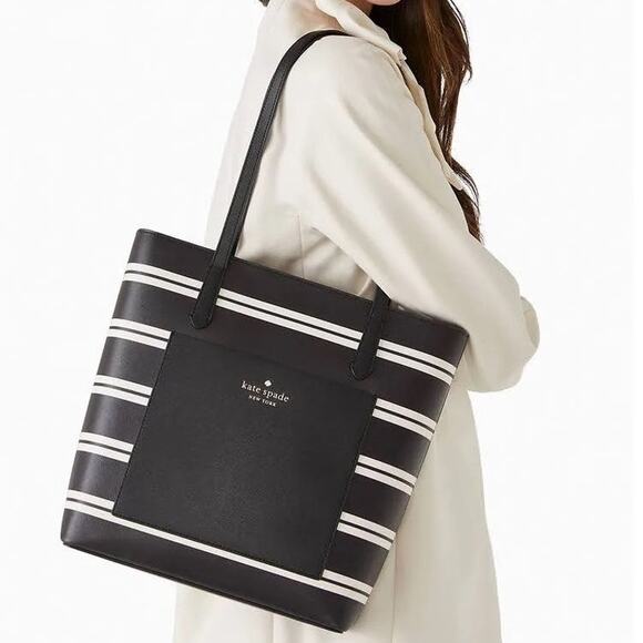Kate Spade New York Black Multi Crisp Stripe Saffiano Daily Shoulder Tote Bag - Picture 2 of 11